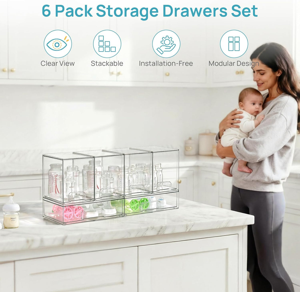 Stackable Storage Drawers Set of 5, Clear Plastic Organizer Bins for Baby Bottle, Beauty Supplies Storage, Ideal for Kichen Countertop, Vanity, Bathroom, Cabinet, Pantry Organization