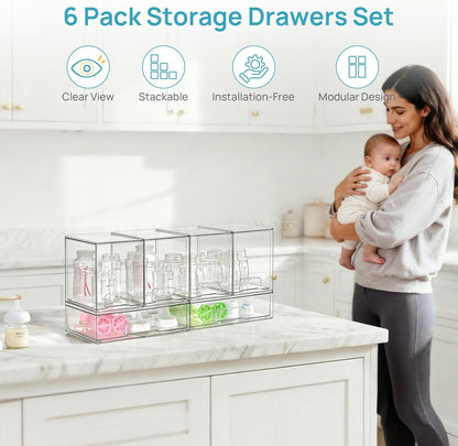 Stackable Storage Drawers Set of 5, Clear Plastic Organizer Bins for Baby Bottle, Beauty Supplies Storage, Ideal for Kichen Countertop, Vanity, Bathroom, Cabinet, Pantry Organization