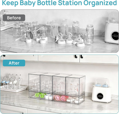 Stackable Storage Drawers Set of 5, Clear Plastic Organizer Bins for Baby Bottle, Beauty Supplies Storage, Ideal for Kichen Countertop, Vanity, Bathroom, Cabinet, Pantry Organization