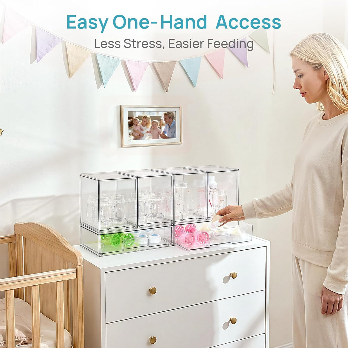 Stackable Storage Drawers Set of 5, Clear Plastic Organizer Bins for Baby Bottle, Beauty Supplies Storage, Ideal for Kichen Countertop, Vanity, Bathroom, Cabinet, Pantry Organization