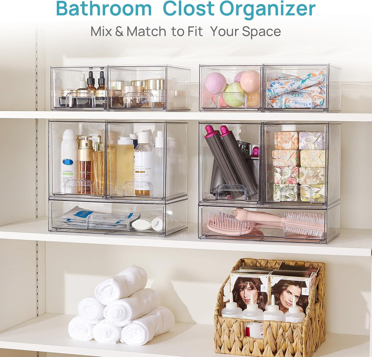 Stackable Storage Drawers Set of 5, Clear Plastic Organizer Bins for Baby Bottle, Beauty Supplies Storage, Ideal for Kichen Countertop, Vanity, Bathroom, Cabinet, Pantry Organization