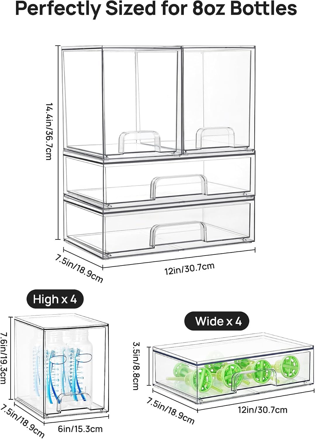 Stackable Storage Drawers Set of 5, Clear Plastic Organizer Bins for Baby Bottle, Beauty Supplies Storage, Ideal for Kichen Countertop, Vanity, Bathroom, Cabinet, Pantry Organization