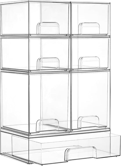 Stackable Storage Drawers Set of 5, Clear Plastic Organizer Bins for Baby Bottle, Beauty Supplies Storage, Ideal for Kichen Countertop, Vanity, Bathroom, Cabinet, Pantry Organization