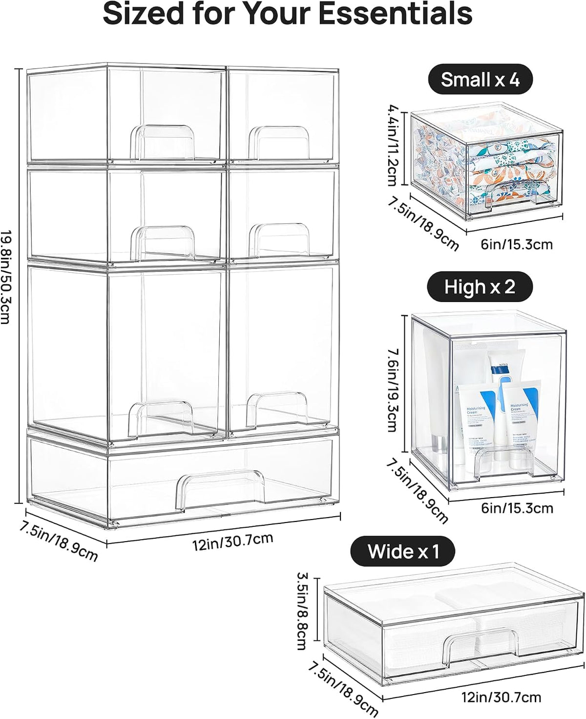 Stackable Storage Drawers Set of 5, Clear Plastic Organizer Bins for Baby Bottle, Beauty Supplies Storage, Ideal for Kichen Countertop, Vanity, Bathroom, Cabinet, Pantry Organization