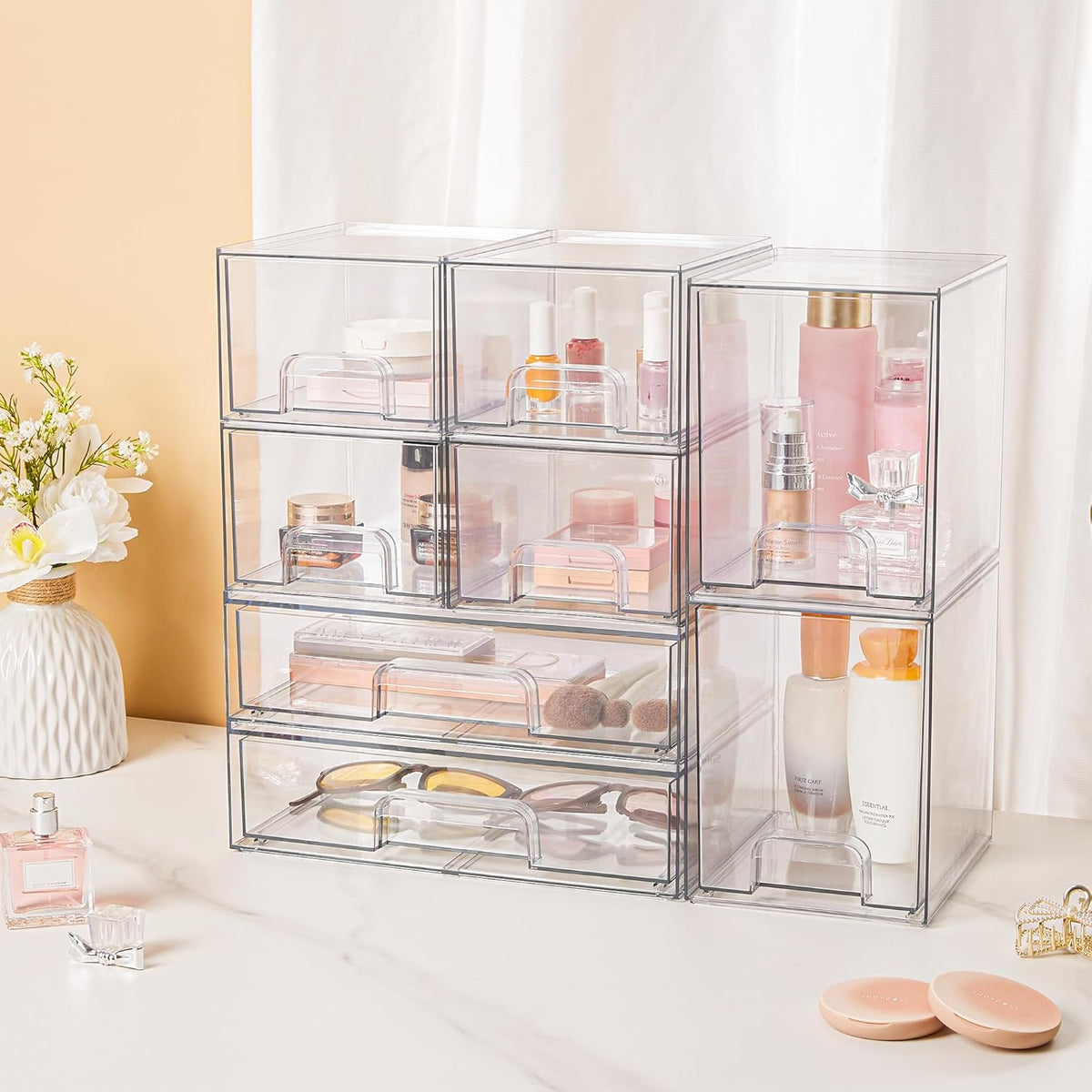 Stackable Storage Drawers Set of 5, Clear Plastic Organizer Bins for Baby Bottle, Beauty Supplies Storage, Ideal for Kichen Countertop, Vanity, Bathroom, Cabinet, Pantry Organization