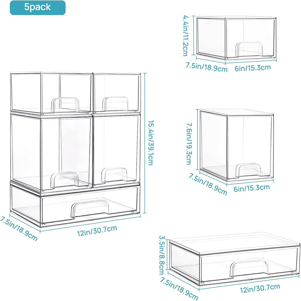 Stackable Storage Drawers Set of 5, Clear Plastic Organizer Bins for Baby Bottle, Beauty Supplies Storage, Ideal for Kichen Countertop, Vanity, Bathroom, Cabinet, Pantry Organization