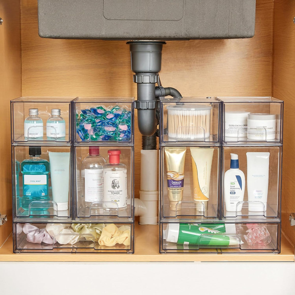 Stackable Storage Drawers Set of 5, Clear Plastic Organizer Bins for Baby Bottle, Beauty Supplies Storage, Ideal for Kichen Countertop, Vanity, Bathroom, Cabinet, Pantry Organization