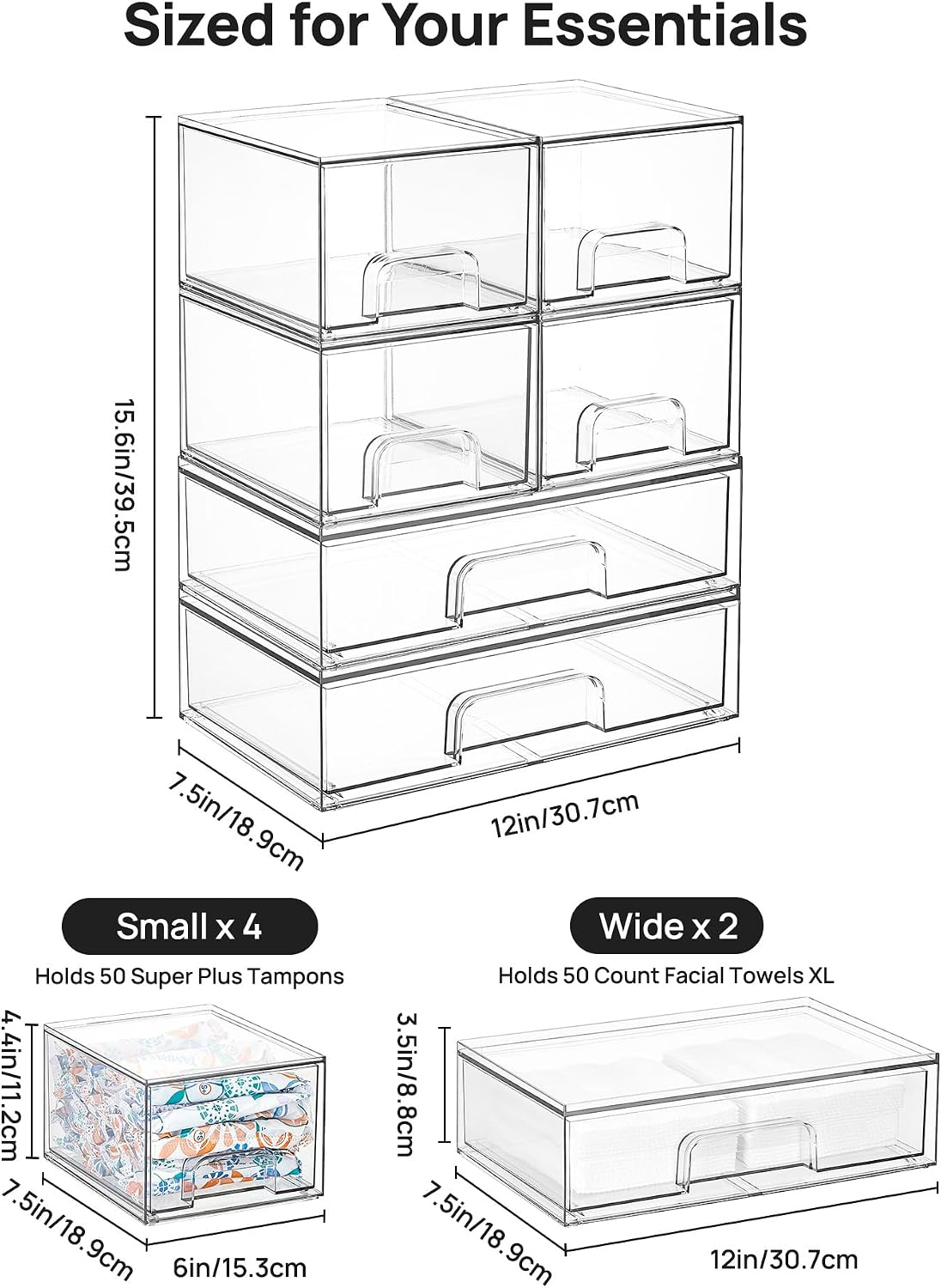 Stackable Storage Drawers Set of 5, Clear Plastic Organizer Bins for Baby Bottle, Beauty Supplies Storage, Ideal for Kichen Countertop, Vanity, Bathroom, Cabinet, Pantry Organization