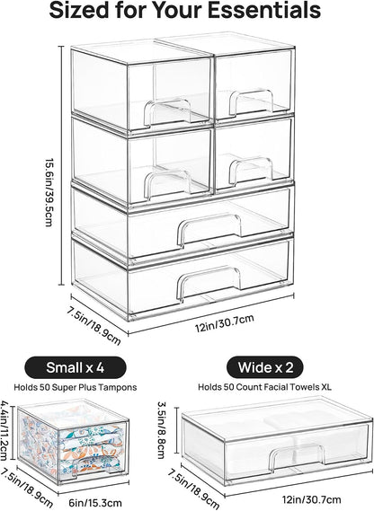 Stackable Storage Drawers Set of 5, Clear Plastic Organizer Bins for Baby Bottle, Beauty Supplies Storage, Ideal for Kichen Countertop, Vanity, Bathroom, Cabinet, Pantry Organization