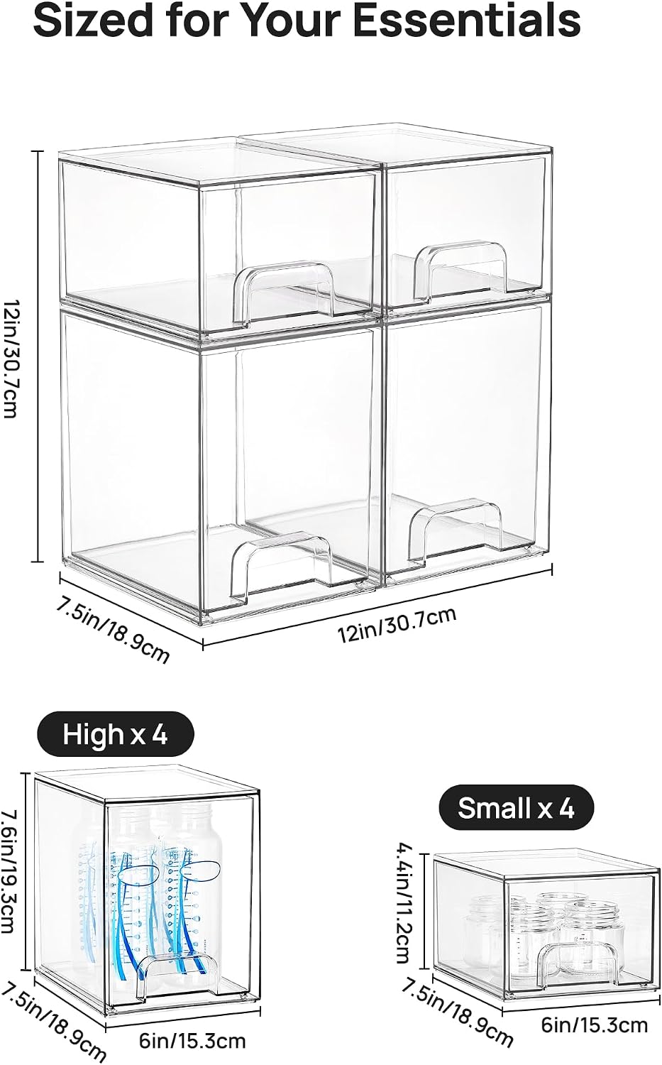 Stackable Storage Drawers Set of 5, Clear Plastic Organizer Bins for Baby Bottle, Beauty Supplies Storage, Ideal for Kichen Countertop, Vanity, Bathroom, Cabinet, Pantry Organization