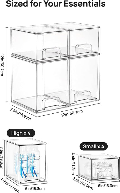 Stackable Storage Drawers Set of 5, Clear Plastic Organizer Bins for Baby Bottle, Beauty Supplies Storage, Ideal for Kichen Countertop, Vanity, Bathroom, Cabinet, Pantry Organization
