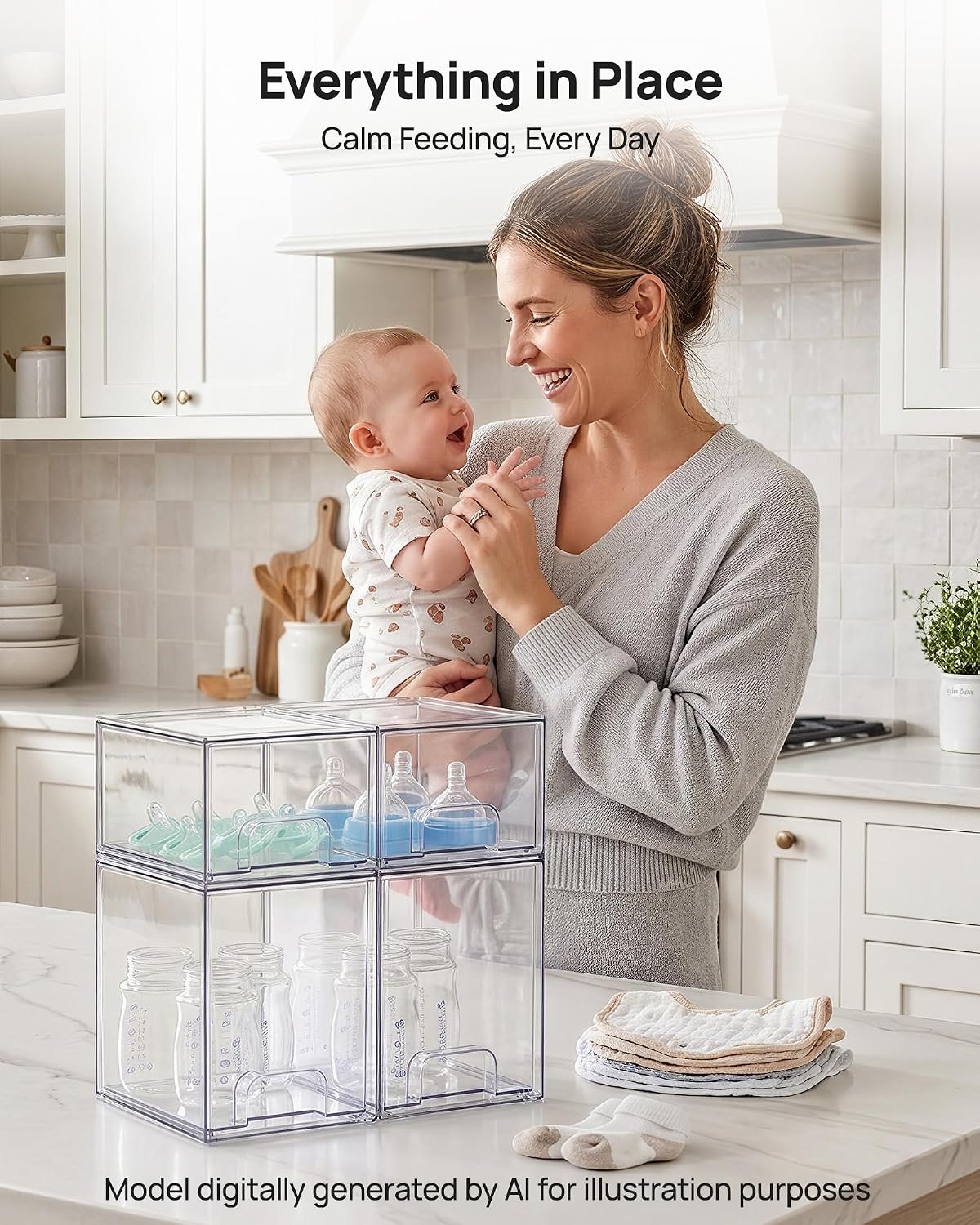 Stackable Storage Drawers Set of 5, Clear Plastic Organizer Bins for Baby Bottle, Beauty Supplies Storage, Ideal for Kichen Countertop, Vanity, Bathroom, Cabinet, Pantry Organization