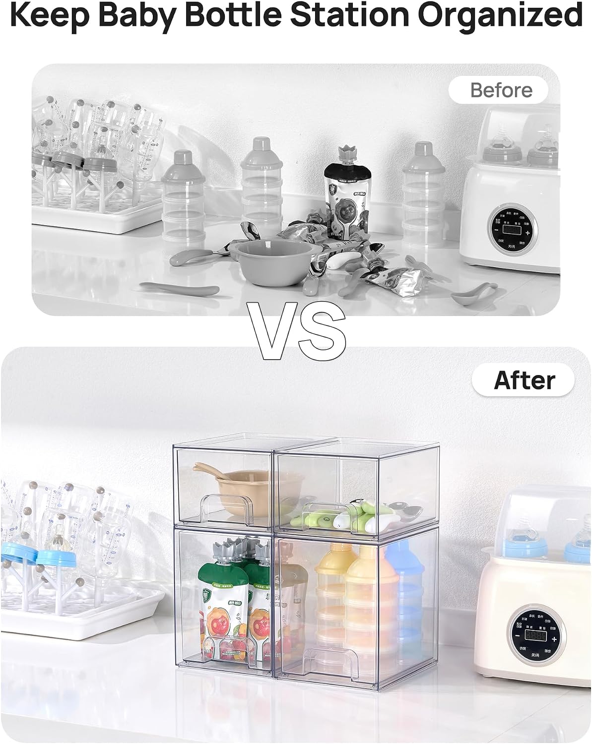 Stackable Storage Drawers Set of 5, Clear Plastic Organizer Bins for Baby Bottle, Beauty Supplies Storage, Ideal for Kichen Countertop, Vanity, Bathroom, Cabinet, Pantry Organization