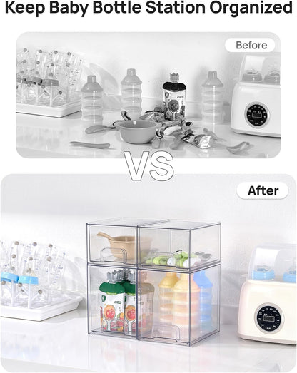 Stackable Storage Drawers Set of 5, Clear Plastic Organizer Bins for Baby Bottle, Beauty Supplies Storage, Ideal for Kichen Countertop, Vanity, Bathroom, Cabinet, Pantry Organization