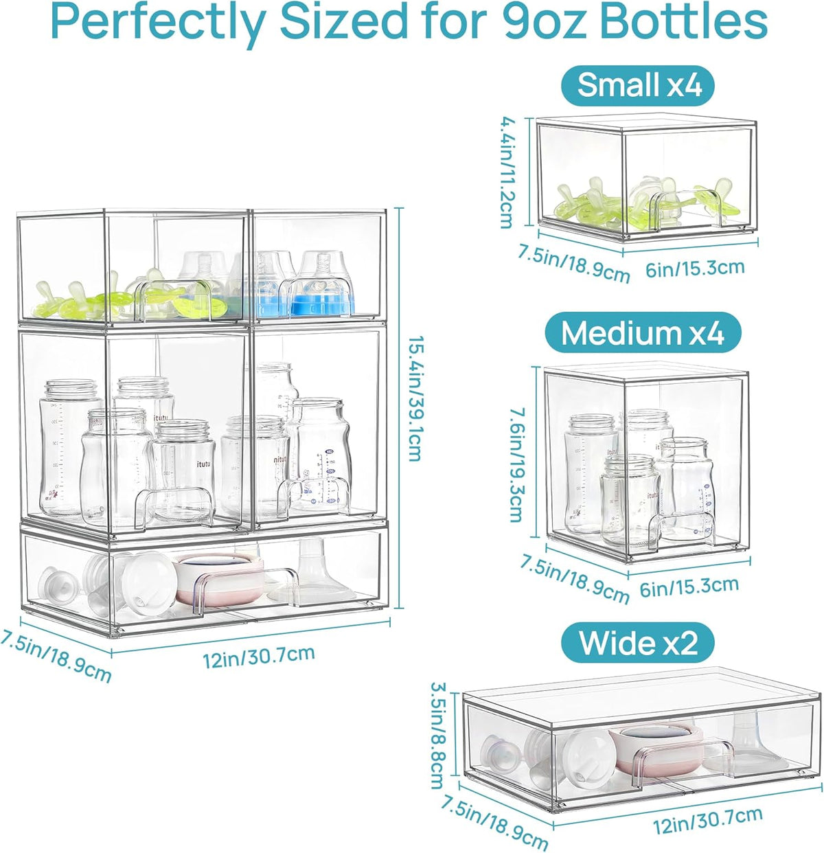Stackable Storage Drawers Set of 5, Clear Plastic Organizer Bins for Baby Bottle, Beauty Supplies Storage, Ideal for Kichen Countertop, Vanity, Bathroom, Cabinet, Pantry Organization