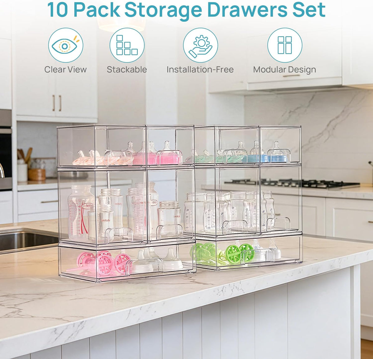 Stackable Storage Drawers Set of 5, Clear Plastic Organizer Bins for Baby Bottle, Beauty Supplies Storage, Ideal for Kichen Countertop, Vanity, Bathroom, Cabinet, Pantry Organization