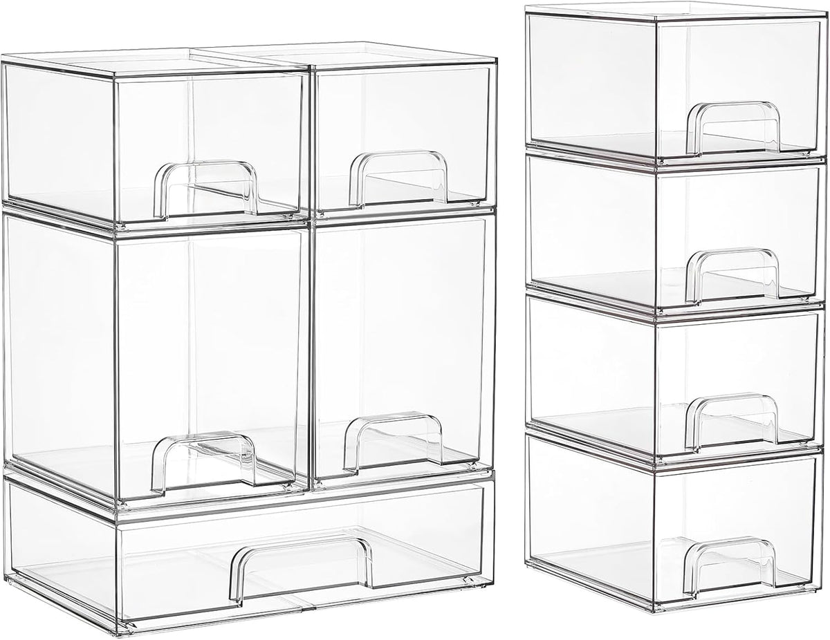 Stackable Storage Drawers Set of 5, Clear Plastic Organizer Bins for Baby Bottle, Beauty Supplies Storage, Ideal for Kichen Countertop, Vanity, Bathroom, Cabinet, Pantry Organization