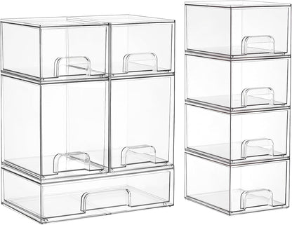 Stackable Storage Drawers Set of 5, Clear Plastic Organizer Bins for Baby Bottle, Beauty Supplies Storage, Ideal for Kichen Countertop, Vanity, Bathroom, Cabinet, Pantry Organization