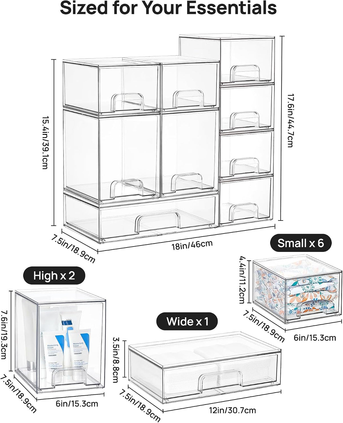 Stackable Storage Drawers Set of 5, Clear Plastic Organizer Bins for Baby Bottle, Beauty Supplies Storage, Ideal for Kichen Countertop, Vanity, Bathroom, Cabinet, Pantry Organization