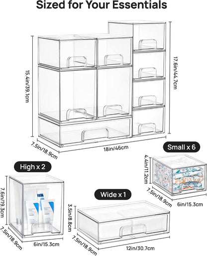 Stackable Storage Drawers Set of 5, Clear Plastic Organizer Bins for Baby Bottle, Beauty Supplies Storage, Ideal for Kichen Countertop, Vanity, Bathroom, Cabinet, Pantry Organization