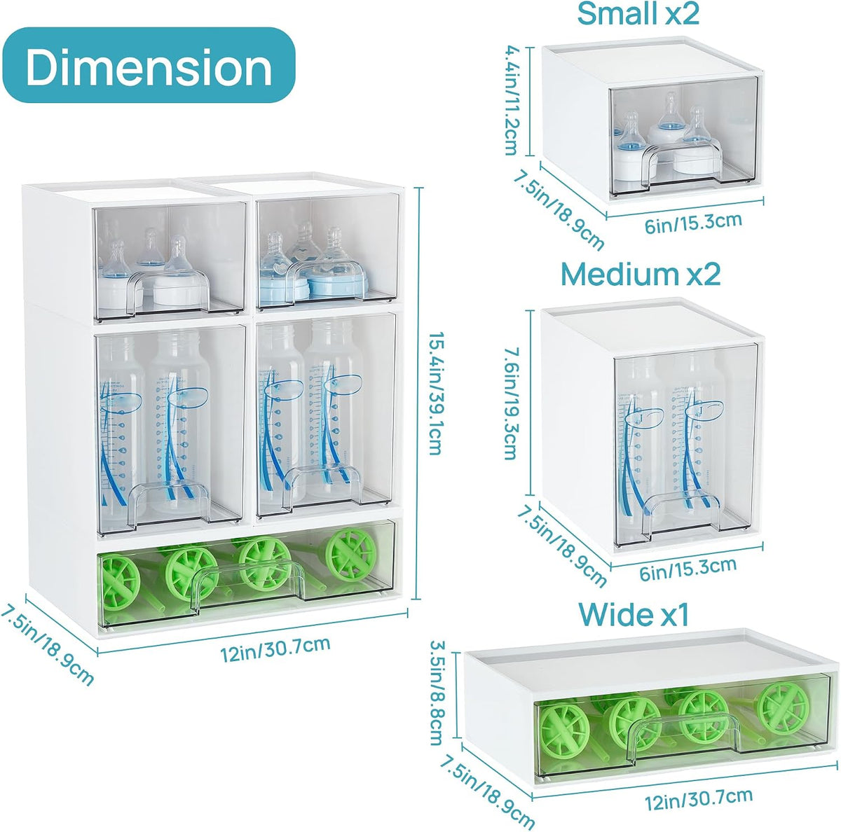 Stackable Storage Drawers Set of 5, Clear Plastic Organizer Bins for Baby Bottle, Beauty Supplies Storage, Ideal for Kichen Countertop, Vanity, Bathroom, Cabinet, Pantry Organization