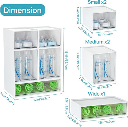 Stackable Storage Drawers Set of 5, Clear Plastic Organizer Bins for Baby Bottle, Beauty Supplies Storage, Ideal for Kichen Countertop, Vanity, Bathroom, Cabinet, Pantry Organization