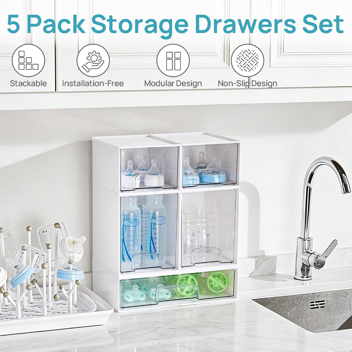 Stackable Storage Drawers Set of 5, Clear Plastic Organizer Bins for Baby Bottle, Beauty Supplies Storage, Ideal for Kichen Countertop, Vanity, Bathroom, Cabinet, Pantry Organization