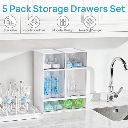 Stackable Storage Drawers Set of 5, Clear Plastic Organizer Bins for Baby Bottle, Beauty Supplies Storage, Ideal for Kichen Countertop, Vanity, Bathroom, Cabinet, Pantry Organization