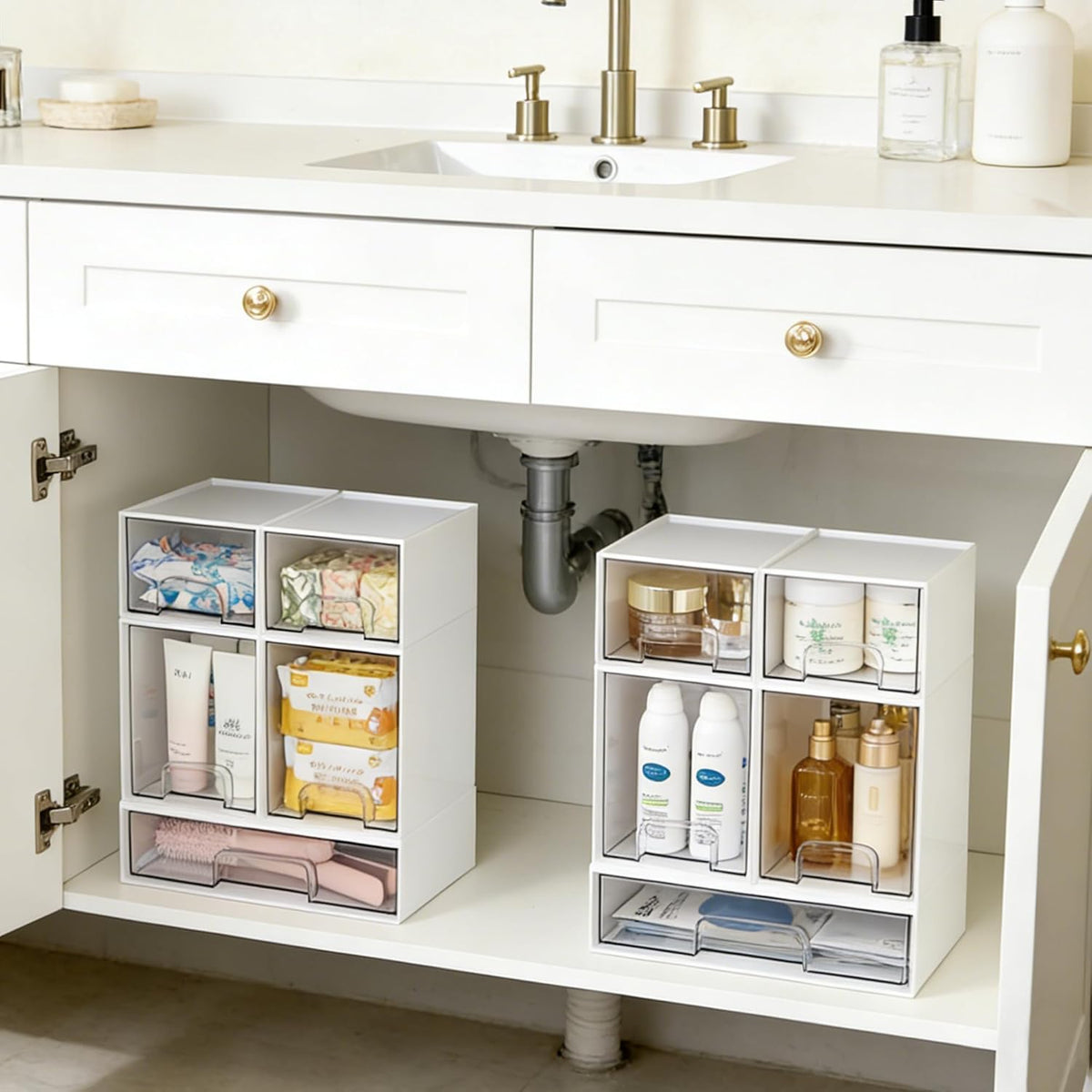 Stackable Storage Drawers Set of 5, Clear Plastic Organizer Bins for Baby Bottle, Beauty Supplies Storage, Ideal for Kichen Countertop, Vanity, Bathroom, Cabinet, Pantry Organization