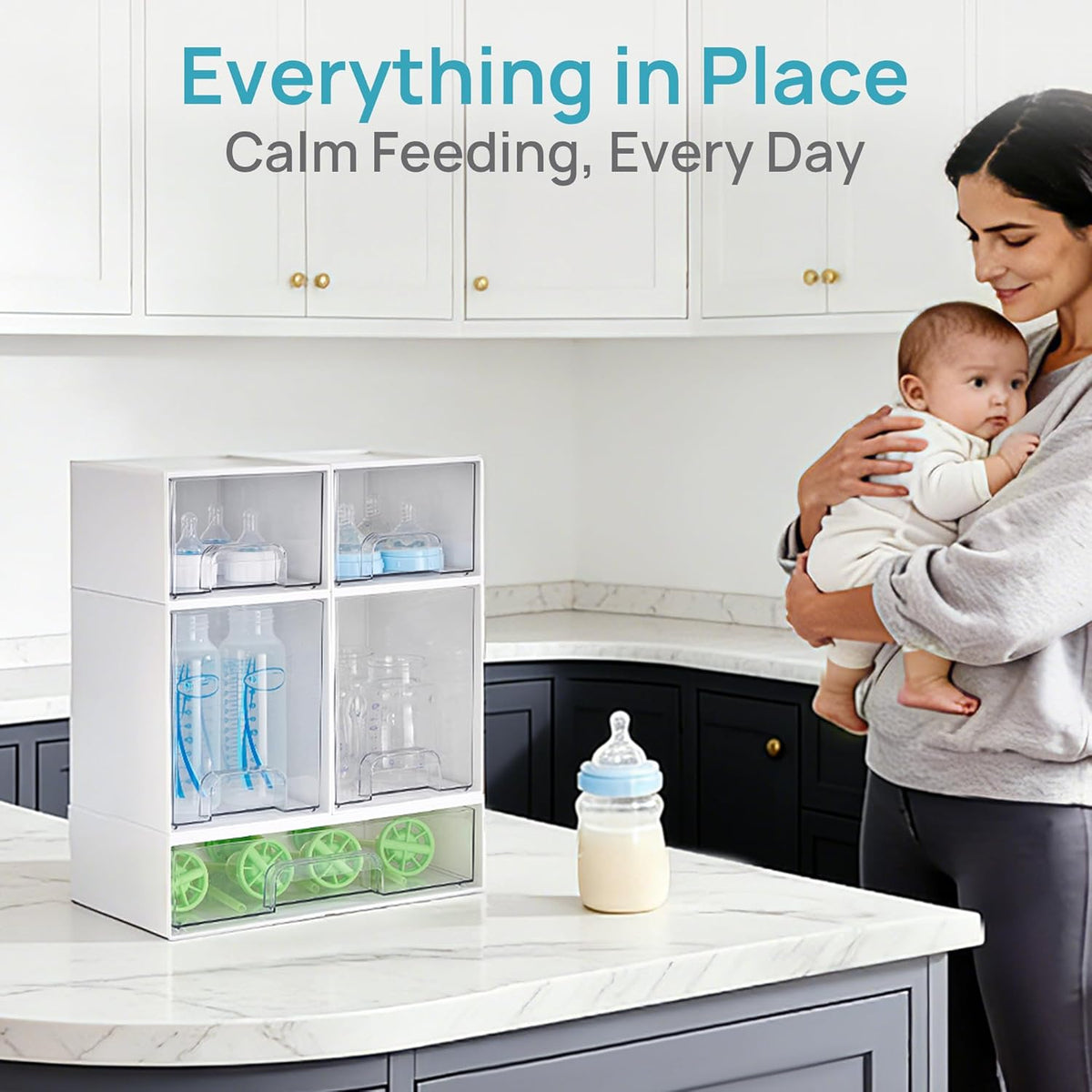 Stackable Storage Drawers Set of 5, Clear Plastic Organizer Bins for Baby Bottle, Beauty Supplies Storage, Ideal for Kichen Countertop, Vanity, Bathroom, Cabinet, Pantry Organization