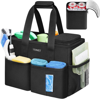 Cleaning Caddy, Water Resistant Cleaning Supplies Organizer with Handle & Foldable Divider for Cleaners, Housekeeping Tote for Kitchen & Bathroom, Car Tool Caddy Organizer Bag, Black