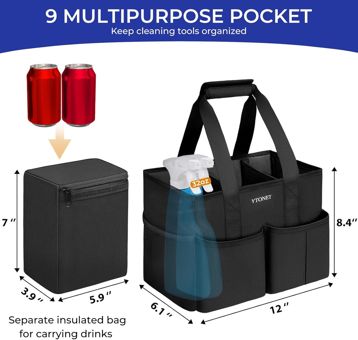 Cleaning Caddy, Water Resistant Cleaning Supplies Organizer with Handle & Foldable Divider for Cleaners, Housekeeping Tote for Kitchen & Bathroom, Car Tool Caddy Organizer Bag, Black