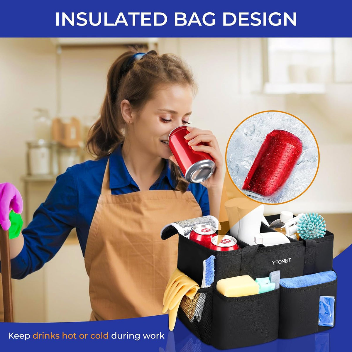 Cleaning Caddy, Water Resistant Cleaning Supplies Organizer with Handle & Foldable Divider for Cleaners, Housekeeping Tote for Kitchen & Bathroom, Car Tool Caddy Organizer Bag, Black