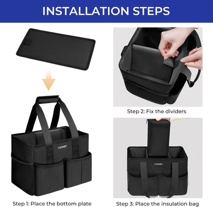 Cleaning Caddy, Water Resistant Cleaning Supplies Organizer with Handle & Foldable Divider for Cleaners, Housekeeping Tote for Kitchen & Bathroom, Car Tool Caddy Organizer Bag, Black