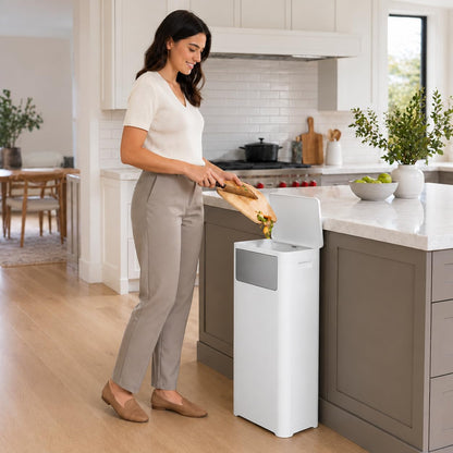 Bathroom Tall Skinny Trash Can with Lid, 6gallon, White