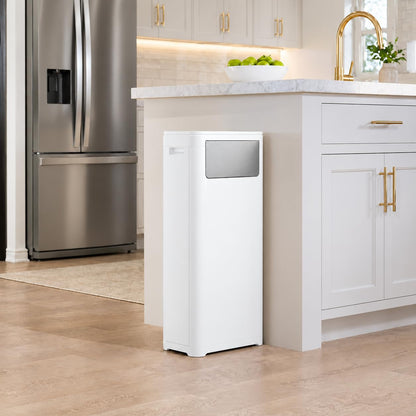 Bathroom Tall Skinny Trash Can with Lid, 6gallon, White
