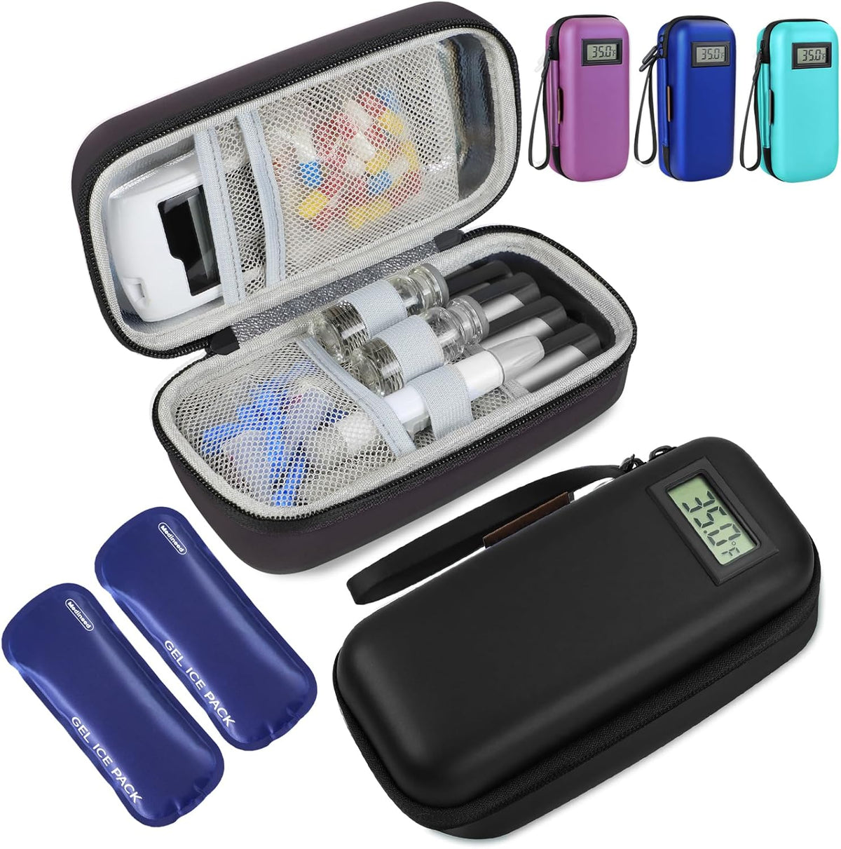 Insulin Cooler Travel Case, Portable Temperature Display Medicine Travel Cooler, Diabetes Case with 2 Reusable Ice Packs TSA Approved for Diabetic Supplies Patent Pending(Pink)