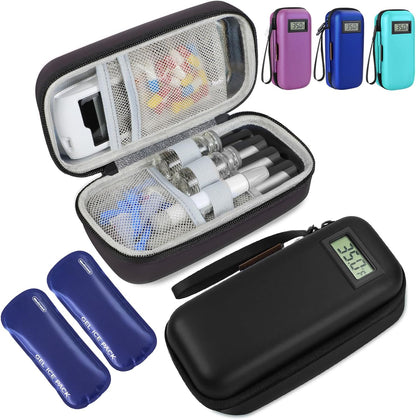 Insulin Cooler Travel Case, Portable Temperature Display Medicine Travel Cooler, Diabetes Case with 2 Reusable Ice Packs TSA Approved for Diabetic Supplies Patent Pending(Pink)