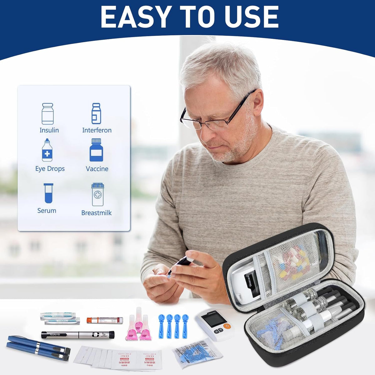 Insulin Cooler Travel Case, Portable Temperature Display Medicine Travel Cooler, Diabetes Case with 2 Reusable Ice Packs TSA Approved for Diabetic Supplies Patent Pending(Pink)
