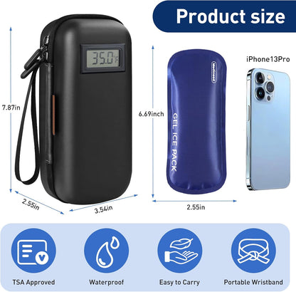 Insulin Cooler Travel Case, Portable Temperature Display Medicine Travel Cooler, Diabetes Case with 2 Reusable Ice Packs TSA Approved for Diabetic Supplies Patent Pending(Pink)