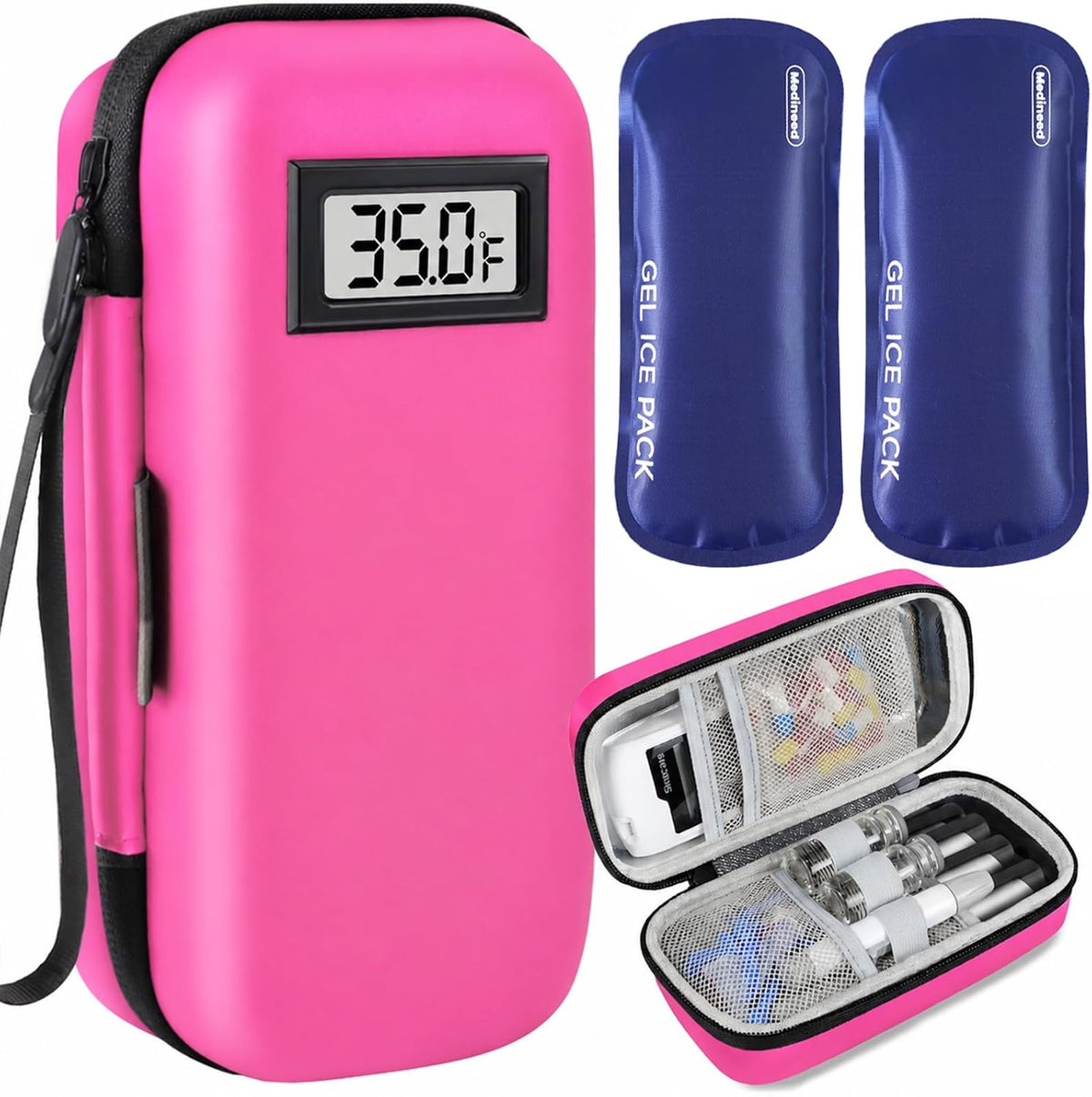 Insulin Cooler Travel Case, Portable Temperature Display Medicine Travel Cooler, Diabetes Case with 2 Reusable Ice Packs TSA Approved for Diabetic Supplies Patent Pending(Pink)