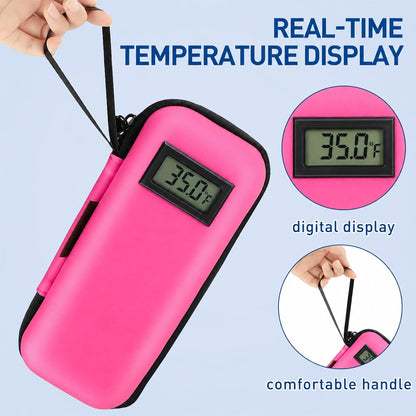 Insulin Cooler Travel Case, Portable Temperature Display Medicine Travel Cooler, Diabetes Case with 2 Reusable Ice Packs TSA Approved for Diabetic Supplies Patent Pending(Pink)
