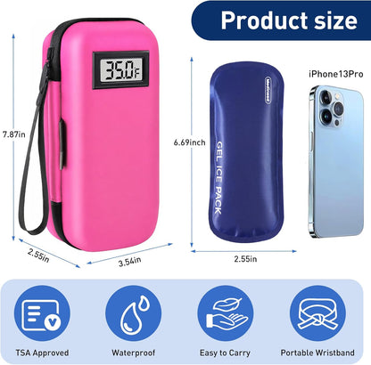 Insulin Cooler Travel Case, Portable Temperature Display Medicine Travel Cooler, Diabetes Case with 2 Reusable Ice Packs TSA Approved for Diabetic Supplies Patent Pending(Pink)