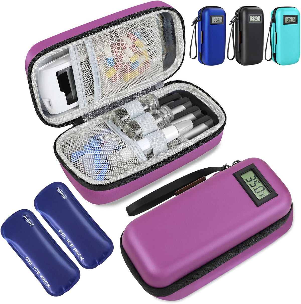 Insulin Cooler Travel Case, Portable Temperature Display Medicine Travel Cooler, Diabetes Case with 2 Reusable Ice Packs TSA Approved for Diabetic Supplies Patent Pending(Pink)