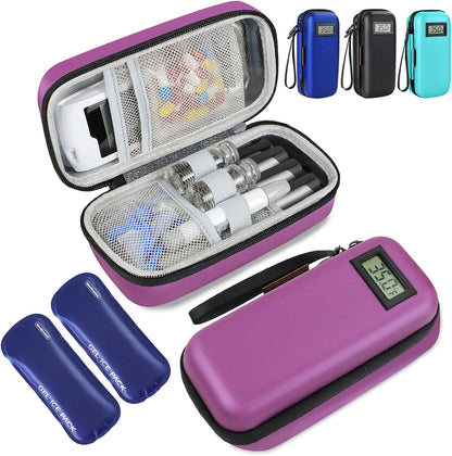 Insulin Cooler Travel Case, Portable Temperature Display Medicine Travel Cooler, Diabetes Case with 2 Reusable Ice Packs TSA Approved for Diabetic Supplies Patent Pending(Pink)