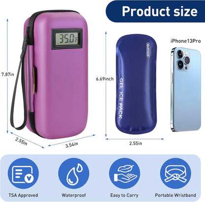 Insulin Cooler Travel Case, Portable Temperature Display Medicine Travel Cooler, Diabetes Case with 2 Reusable Ice Packs TSA Approved for Diabetic Supplies Patent Pending(Pink)