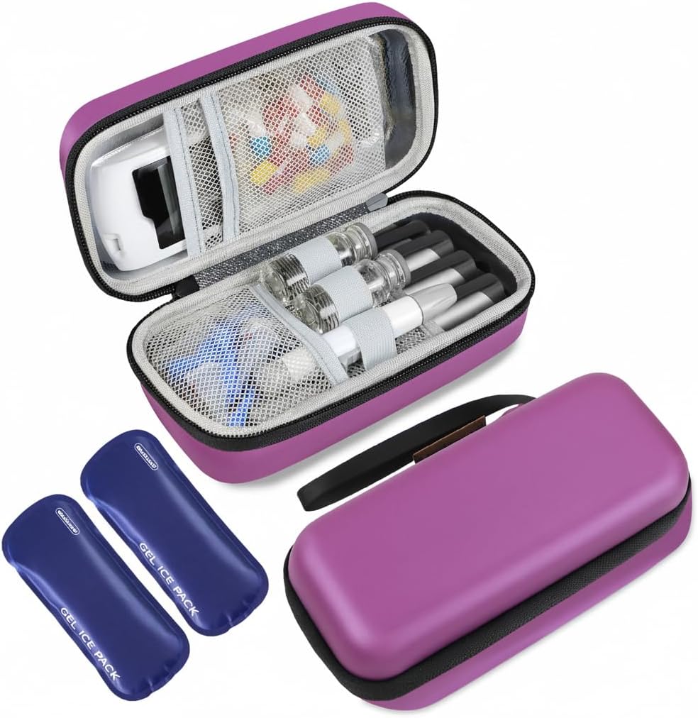 Insulin Cooler Travel Case, Portable Temperature Display Medicine Travel Cooler, Diabetes Case with 2 Reusable Ice Packs TSA Approved for Diabetic Supplies Patent Pending(Pink)
