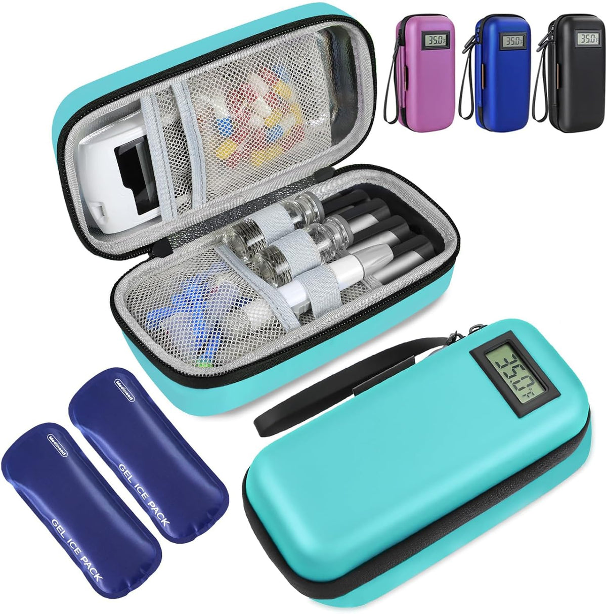 Insulin Cooler Travel Case, Portable Temperature Display Medicine Travel Cooler, Diabetes Case with 2 Reusable Ice Packs TSA Approved for Diabetic Supplies Patent Pending(Pink)