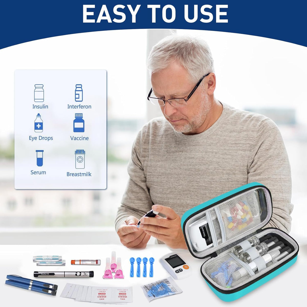 Insulin Cooler Travel Case, Portable Temperature Display Medicine Travel Cooler, Diabetes Case with 2 Reusable Ice Packs TSA Approved for Diabetic Supplies Patent Pending(Pink)