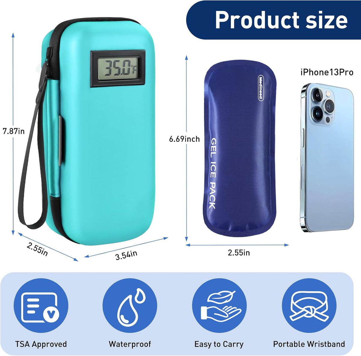 Insulin Cooler Travel Case, Portable Temperature Display Medicine Travel Cooler, Diabetes Case with 2 Reusable Ice Packs TSA Approved for Diabetic Supplies Patent Pending(Pink)
